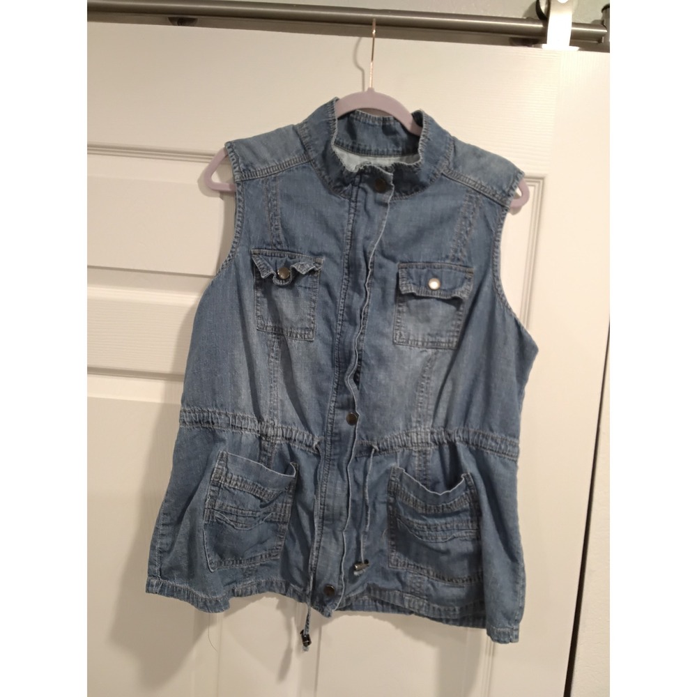 Live a Little Denim Vest Women 1X Blue Utility Pockets Drawstring Waist